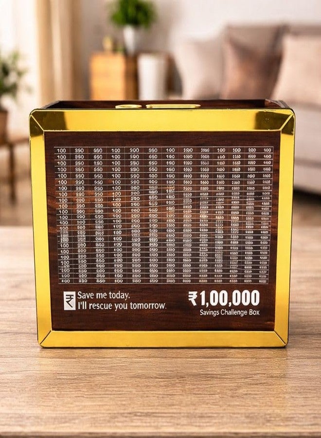 صندوق تحدي توفير المال، خشبي بحواف ذهبية، متتبع مدخرات بقيمة 100,000 روبية، حصالة نقود تحفيزية - Image 3